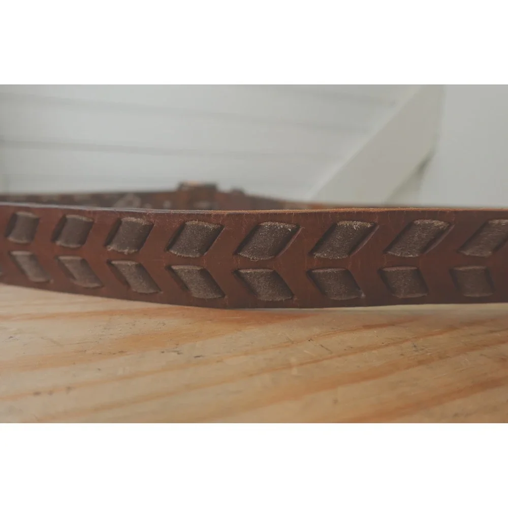 Brown Leather Chevron Braided Belt Men's XL Copper Buckle Two-Tone Vintage Boho